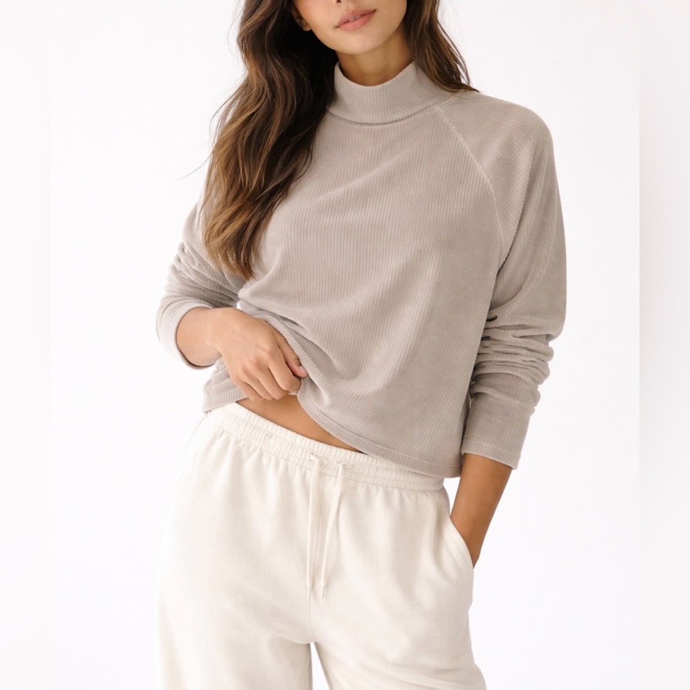 Haven Well Within Organic Cotton Velour Grayish Beige Mock Neck Pullover M